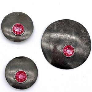 Vintage Pewter Brooch & Clip Earrings Danish Modern Style Pink Rhinestone Set‎